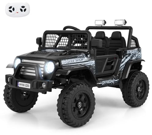 COSTWAY 12V Kids Electric Ride on Truck, Battery Powered Off-road Car with Remote Control, LED Lights, Horn, Music, 4 Spring Suspension Wheels Vehicle Toy for for 3+ Years Old Boys Girls (Black)