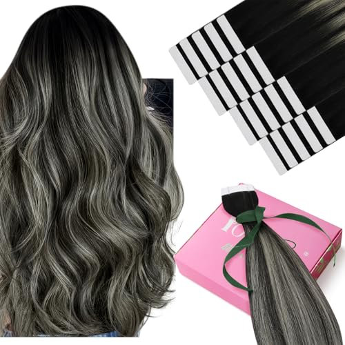 YoungSee Echthaar Extensions Tape Ombre 45cm Tape Extensions Echthaar Schwarz Ombre Silber Tapes Haarextensions-Echthaar Silber Invisible Tapes-in Haarverlangerung 50g #1B/S/1B