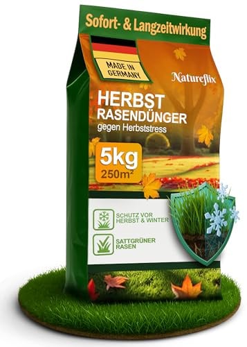Natureflix Herbstdünger Rasen | Herbstrasendünger staubarm | mit Winterschutz | Körnung 2–5 mm | Rasendünger Herbst ist Kind- & tierfreundlich (Herbstdünger, 5kg für 250m²)