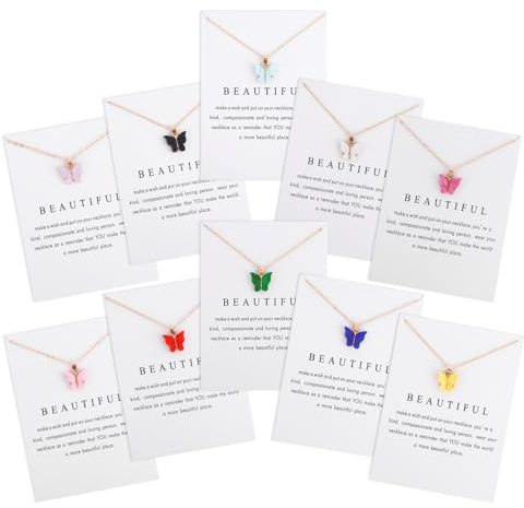 Mikovivi 10pcs Colorful Butterfly Pendant Necklaces, Colorful Butterfly Necklace with Card for Women Friendship Party Jewelry Favors Gift Bulk