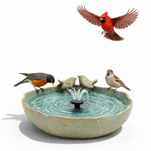 CHONNFEASTT® Ceramic Bird Bath with Solar Fountain - Ceramic Birdbath Bowl Water Feature with 6-Nozzle for Garden Yard Patio Yard Deck - Attracts Wild Birds | Easy Clean | Outdoor Decor