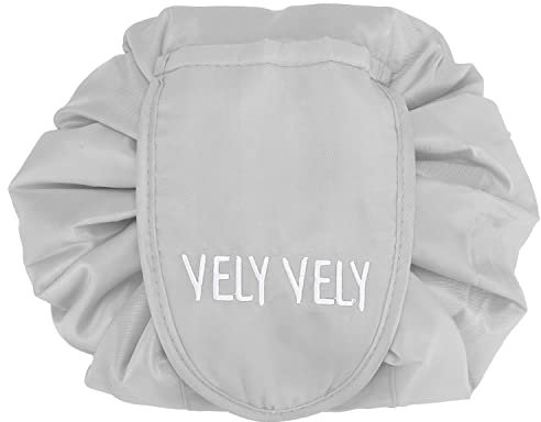 INTIRILIFE Kosmetiktasche in HELL GRAU - 62 x 54 cm - Runder One Step Kulturbeutel mit Kordelzug zum Zusammenziehen mit 2 inneren Reißverschlussfächern zur Aufbewahrung von Make-Up etc.