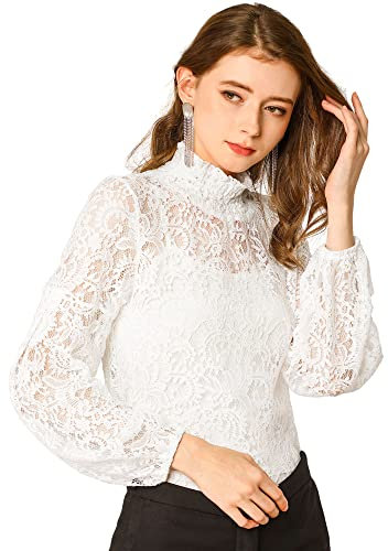 Allegra K Women's St. Patrick's Day Lace Long Sleeve Tops Ruffle Neck Elegant Floral Blouses White M-12
