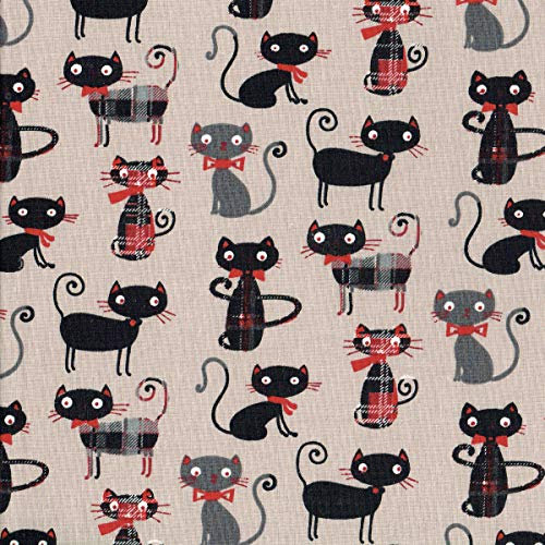 Baumwollstoff | Miau! Katzen Stoff - Beigegrau, Rot, Grau, Schwarz und Schottenmuster (Grundfarbe: Beigegrau) | 100% Baumwolle | Stoffbreite: 160 cm (pro Laufmeter)*