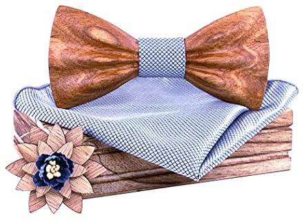 HZQIFEI Jeu de Nœud Papillon, Noeud Papillon en Bois avec Carré de Tissu et Broche en Bois pour Cadeau, Réception, Mariage (C12, 3Pcs)