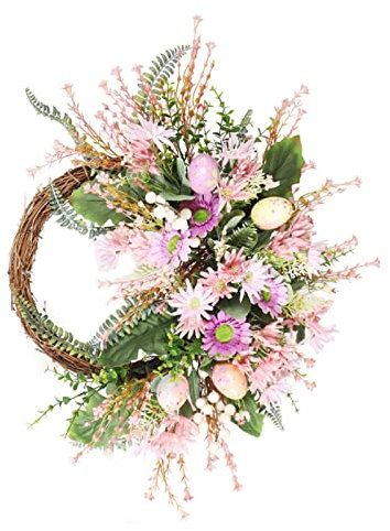 RNCOZE 19,7 Zoll Künstliche Chrysantheme Kranz mit Ostereiern, Frühling Blumenkranz für Haustür, Handgemachter Rattankranz für Garten Home Decor