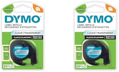DYMO Original LetraTag Etikettenband | schwarz auf transparent | 12 mm x 4 m | selbstklebendes Kunststoff Schriftband | für LetraTag-Beschriftungsgerät (Packung mit 2)
