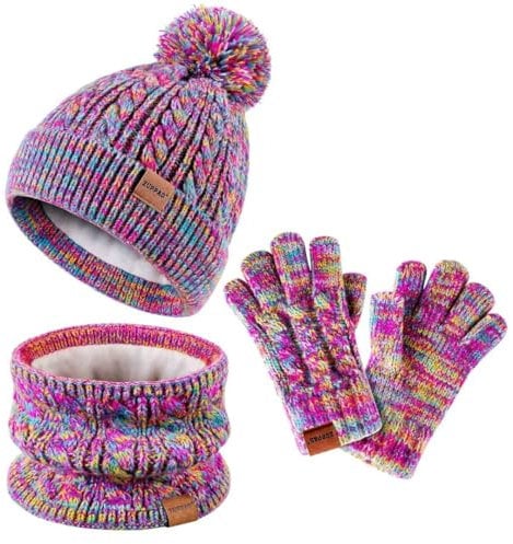 ZUPPAD Mütze und Schal Set, Beanie Winter Mit Bommel Strick Halswärmer Schlauchschal Warme Handschuhe Fleece-Gefüttertes Set für Mädchen, Kleinkinder und Kinder (Regenbogen-Mix)