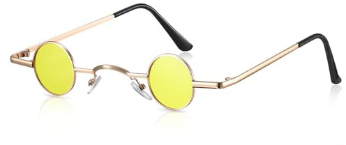 Photect Vintage Sonnenbrille mit Rundem Metall Rahmen Retro Brille mit Kleinem Kreis Hippie Ovale Sonnenbrille für Männer Frauen (Schwarz) (Gold, Gelb)