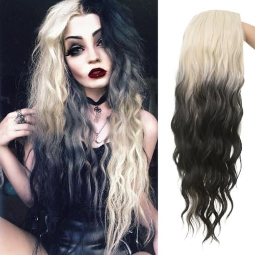 Siudus Weiß und Schwarz Perücken für Frauen Lange Lockige Wellige Haar Perücke Synthetische Natürliche Mittlere Teil Perücke für Halloween Cosplay Gebrauch