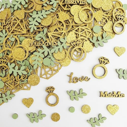 100 Stück Holz Streudeko Hochzeit Gold Glitter & Grün - Tischdeko Hochzeit mit Mr & Mrs, Love, Herz, Ring & Eukalyptus Motiven - Rustikale Hochzeitsdeko für Hochzeitstafel, Buffet und Brautparty