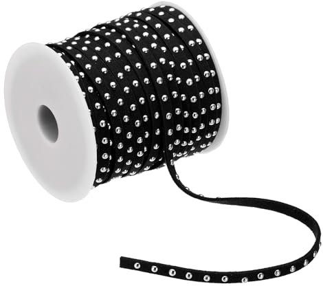 PATIKIL 22 Yards mit Nieten besetztes Kunstwildlederband zur Schmuckherstellung, 5 mm flaches Mikrofaser-Lederband mit Perlen und Nieten, Schwarz/Silber
