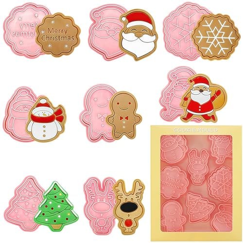 Mainiusi Ausstechformen Weihnachten 8 Stück, Keksausstecher Weihnachten 3D Ausstecher Weihnachten mit Keksstempel Plätzchenausstecher für selbstgemachte Kekse Schokolade Pralinen Fondants Kuchendeko