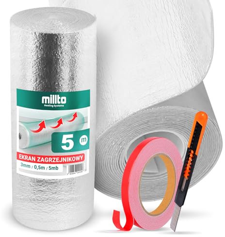 Millto Heizkörper Reflexionsfolie 5m x 0,5m x 3mm | Alufolie Isoliermatte Dämmung Isolierfolie Thermomatte Thermofolie Heizung Isolierung Wand Dämmfolie Wandisolierung Doppelklebeband Cuttermesser