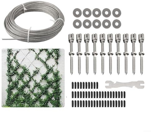 Besttoolifes Drahtseil-Set, 16 m Edelstahl-Drahtseilkabel, Spannschlösser, Drahtseil-Set, PVC-beschichteter Gartendraht für Kletterpflanzen, Bilder, Sicherung von Schatten, Weinreben (mit 16 m Seil)