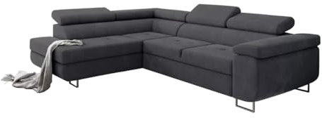 Friderik Antonia Ecksofa mit Schlaffunktion mit L-förmiger Box, Sofa mit Bettcontainer, Sofa mit verstellbaren Kopfstützen (Dunkelgrau, Links)