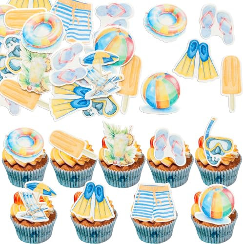 Gyufise 54Pcs Edible Summer Beach Cupcake Toppers Wafer Paper Ball Sun Umbrella Slippers Cupcake Picks Hawaiian Cake Decorations for Summer Pool Themed Party Decor Dark Blue