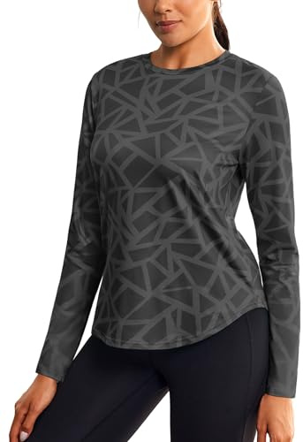 PINSPARK Damen Langarm Sportshirt Print mit Seitlich Geschwungenem Saum | Ultraleicht ISCC PLUS Laufshirt, Rundhals, Schnelltrocknend Atmungsaktiv, Geometrischer Print, Yoga Fitness Pilates
