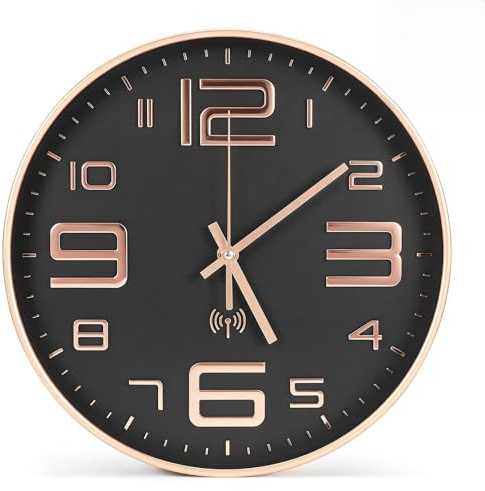 Analoge Funk Wanduhr, Hohe Genauigkeit Wanduhr Funk mit Schwarz Zifferblatt | Multifunktional Leise Rund Funkuhr Funkwanduhr für Küche Wohnzimmer Büro oder Eingangsbereich Geeignet, 30cm Durchmesser
