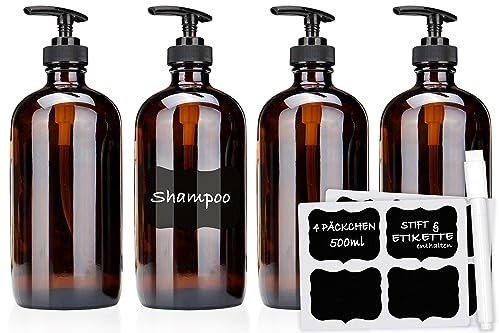 Botes para Gel y Champú - 4 x 500 ml Ámbar Botes Dispensadores Plástico con Etiqueta para Rotular y Bolígrafo - Botes Baño Rellenables para Champú, Gel de Ducha o Jabón de Manos