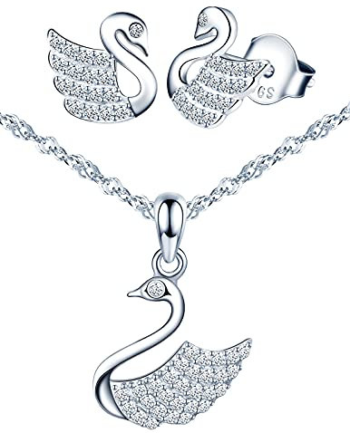 Yumilok Schmuckset für Damen Halskette & Ohrringe Set Schwan Kette Ohrstecker in 925 Sterling Silber Zirkonia für Frauen Mutter