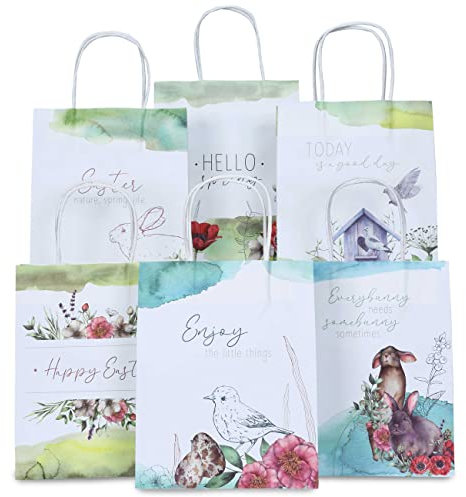 Papierdrachen 6 bedruckte Henkeltüten zu Ostern - Aquarell - 22,5x18x8cm - 6 zusätzliche Osterpostkarten - Geschenkverpackung - Geschenktüten zum Befüllen - Alternatives Osternest - Set 2