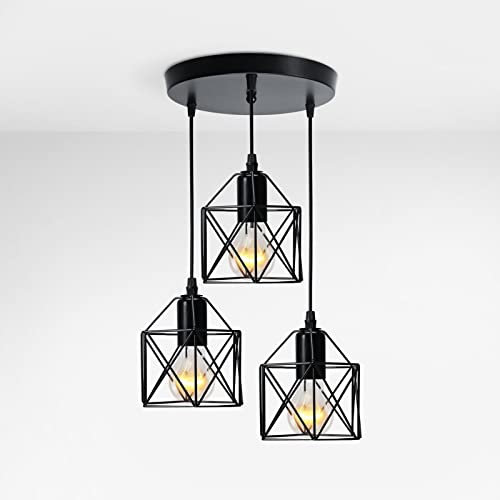 EMKE Vintage Pendelleuchte Hängelampe 3 Flammige Kronleuchter E27 Lampen Hängeleuchte Pendellampe für Wohnzimmer Küche Esszimmer Lampe Schwarz (1 Set)