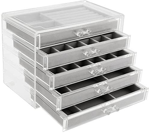 ZEONHEI 5 Drawers Clear Acrylic Jewellery Storage Organiser Box, Adjustable Velvet Jewellery Earring Rings Necklaces Bracelet Display Holder Case for Women Ladies Girls Gift, 9.3x5.9x6.8 Inch