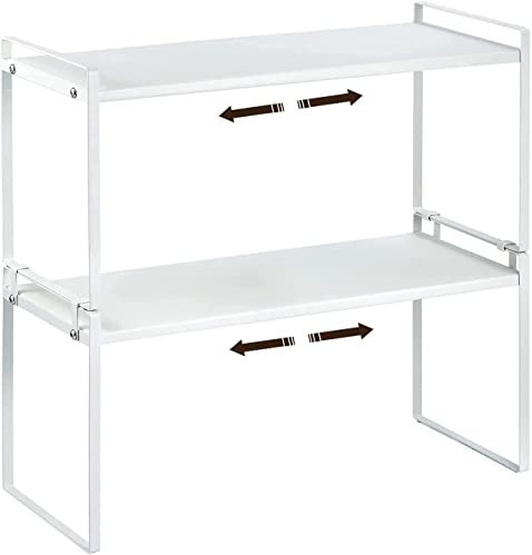 Jamiukro Erweiterbarer Küchenregal Organizer für Küchenschrank und Arbeitsplatten,Verstellbarer Küchenschrank Regal Gewürzregal Lagerregal für Küche Theken Speisekammer Badezimmer 2 Stück Weiß