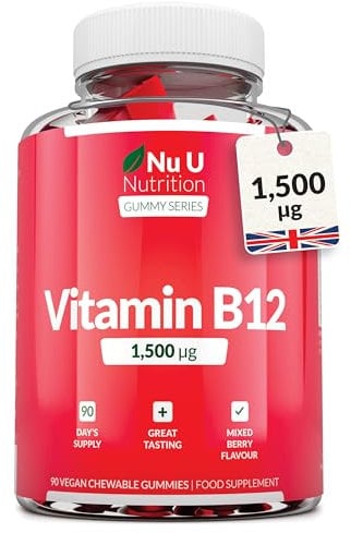 Vitamin B12 Gummies 1,500mcg - 3 Month Supply - 90 Vegan Berry Chewable Gummies - High Strength Methylcobalamin - Nu U Nutrition