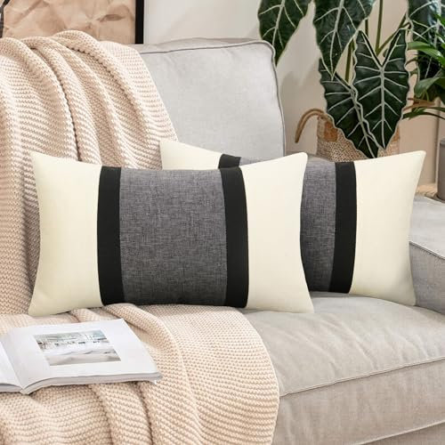 Pyonic 30,5 x 50,8 cm Kissenbezüge, 2 Stück, Bauernhaus-Dekor, Streifen, Patchwork, Leinen, Überwurf, Lendenwirbelkissen, Boho-Akzent, Zierkissen für Couch, Sofa, Schwarz, Weiß, Grau