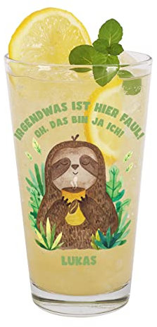 Herz & Heim® Personalisiertes Wasserglas Faultier - Irgendwas ist hier faul