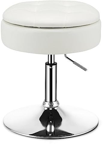 Multigot Round Vanity Stool, 360° Swivel Storage Ottoman with Removable Lid, Height Adjustable Round Footstool for Living Room Bedroom (Cream White)