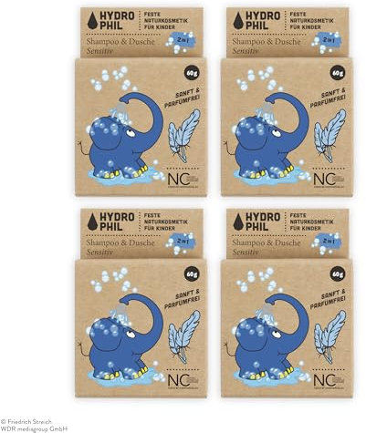 HYDROPHIL - Festes Kinder Shampoo & Dusche - Vegan - Naturkosmetik - Für alle Hauttypen (Duftfrei, 60g (4er Pack))