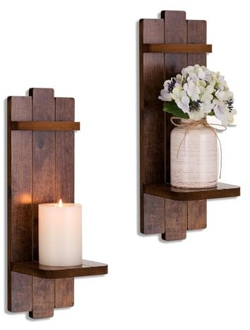 Walasis Wall Candle Holders Set of 2: Wooden Candle Sconces Vingtage Wall Art Decor (Vintage Brown)