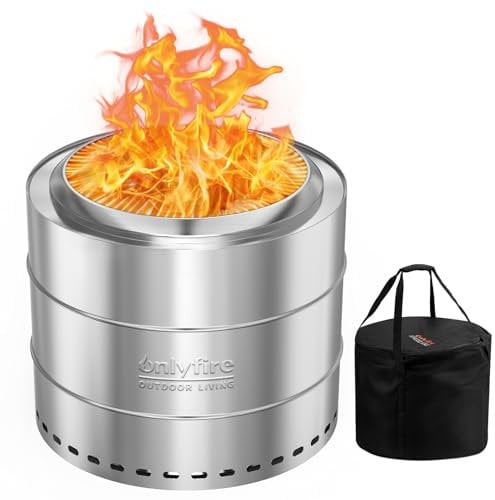 Onlyfire 50cm Brasero sans Fumée Foyer à Bois Extérieur en Acier Inoxydable, Foyers Extérieurs avec Bac à Cendres Amovible, Sac de Transport, Acier Inoxydable, pour Pellets et Bois, Argent