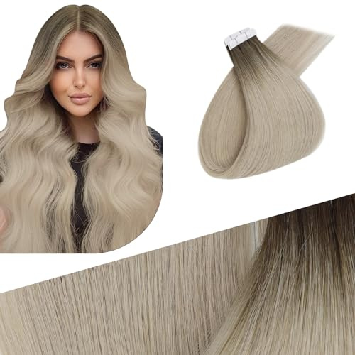 Fshine Tape Extensions Echthaar, Hellbraun bis Platinblond, 60 cm, 5 Stücke 12.5 g, Haarverlängerung Echthaar Extensions Tape, Farbe 9A 10 800
