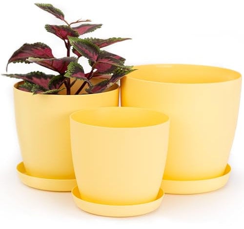 Home Garden Ornaments Vaso per Piante da Interno Giallo Set di 3 Misure 14/16/18 cm - Opaco Vaso da Esterno con Sottovaso Senza Fori di Drenaggio - Vasi per Piante da Esterno (Giallo)