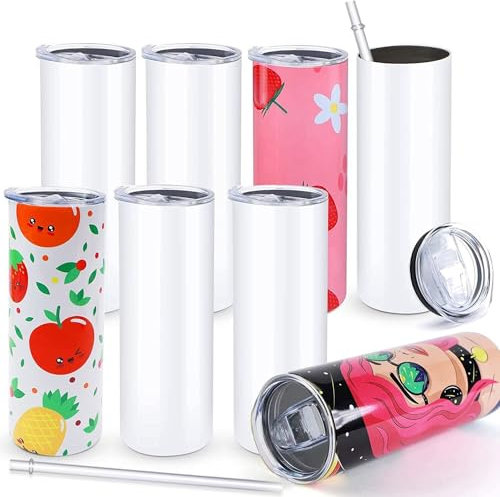 Subliking® Doppelwandig, isolierter Tumbler aus Edelstahl für Sublimation, 20oz Skinny Thermobecher Rohling in weiß für Sublimation mit Deckel und Strohhalm (600ml), 8 Stück