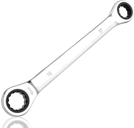 Double Ring Ratchet Spanner - Reversible 4-in-1 with 17mm x 19mm Metric, 72 Teeth, Chrome-Plated CV Steel, 12-Point Ratchet Wrench Tool