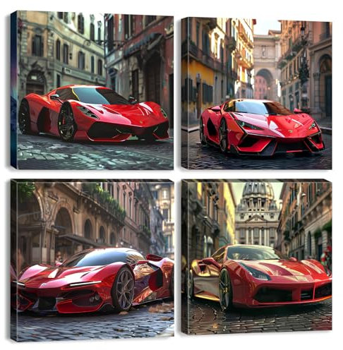 Sports Car Canvas Wall Art Red Racing Car Posters for Men Room Modern Vehicle Theme Paintings Supercar on the Street Wall Prints Contemporary Artwork for Boys Bedroom Decorations 30x30cm 4Pcs