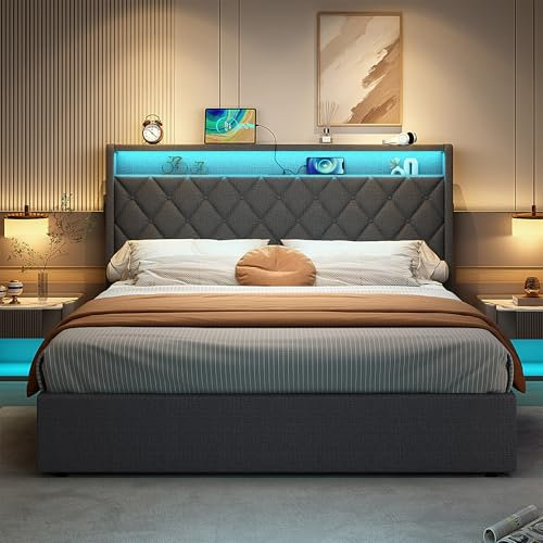 Upholstered Bed Frame with Hydraulic Lift and Button Tufted Storage Headboard, 4ft6 Double Bed Frame with LED Lighting and Charging Station, Linen Functional Ottoman Storage Bed, No Mattress, Grey