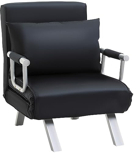 HOMCOM Poltrona Letto Singolo 3 in 1 con Schienale Reclinabile su 5 Livelli e Cuscino, Divano Letto Singolo Pieghevole per Soggiorno e Salotto in Pelle Scamosciata e Metallo, 65x69x80 cm, Nero