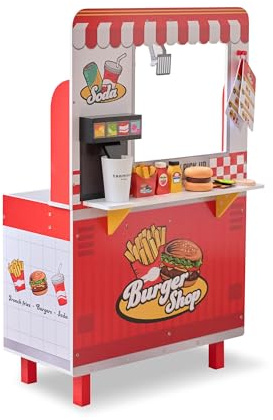 Teamson Kids Hamburguesería Flip & Fry roja de Madera con Parrilla, freidora, dispensador y 29 Accesorios, fomenta Creatividad y socialización