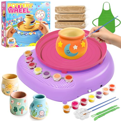 Weilim Töpferscheibe Kinder 6-12 Jahre, DIY Bastelset, Geschenk | Komplettset: 3 lufttrocknende Tone, 14 Farben, Werkzeuge, Schürze, USB-Töpferscheibe. Geschenk für Kinder 6-12 Jahre.