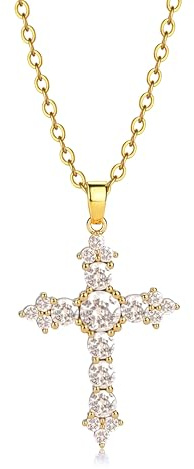 16K Vergoldet Silber CZ Kreuz Anhänger Kreuzkette Kette Damen Schmuck | Zarte Necklace Hypoallergene Halskette Damen mit Einfachem Kubik Zirkonia Kreuz AnhäNger, Modischer Schmuck 43cm+5cm
