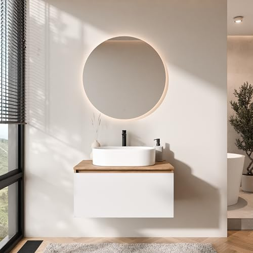 Planetmöbel Arisa Badmöbel Set Waschtisch mit Unterschrank | 80 cm, gold eiche weiß mit NOVA Spiegel, Waschbecken 55 cm gold eiche weiß, Raumsparsiphon