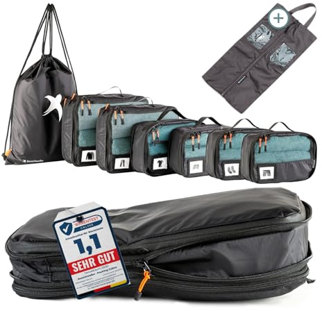 SEESCHWALBE Packing Cubes Compression | Premium Packwürfel kompression als ultraleichte Rucksack Organizer oder Koffer Organizer | inkl. Schuhbeutel (8-teilig, schwarz)