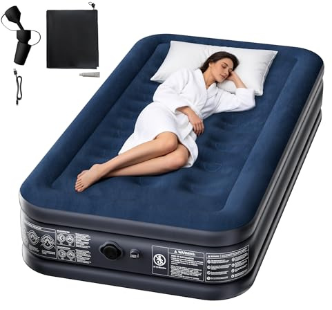 XMTECH Matelas gonflable pour lit simple 190 x 99 x 38 cm, en PVC avec surface en velours, pompe électrique intégrée, portable avec sac, lit d'invité, camping, voyage, maison, bleu foncé, gris foncé