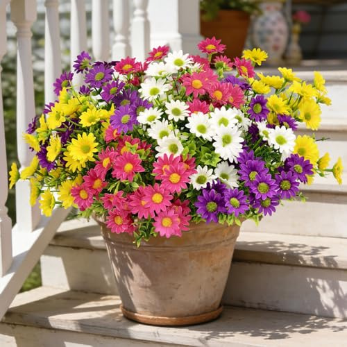 TINA 8 Bündel Künstliche Blumen Kunstblumen wie echt Künstliche Balkonpflanzen Wetterfest, Gänseblümchen Deko Kunst Blumenstrauß Frühlingsdeko, Fake Blumen Kunstpflanze für Innen Outdoor